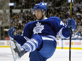 Toronto Maple Leafs forward Tyler Bozak celebrates his goal against the Vancouver Canucks during the third period in Toronto December 17, 2011. (REUTERS/Mike Cassese)