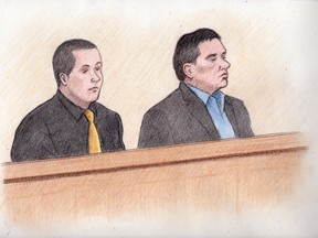 A courtroom illustration of George Kenny (left) at his trial. He was sentenced to two  years less a day Tuesday, June 26, 2012 in the January 2005 death of Brian Fudge.
Sketch by Laurie Foster-MacLeod.