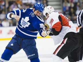 Senators winger Zenon Konopka turned an even fight with the Leafs’ Mike Brown into a victory with a right uppercut on Tuesday. (Ernest Doroszuk/QMI Agency)