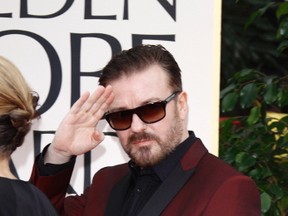 Ricky Gervais arrives at the Golden Globe Awards at The Beverly Hilton Hotel in Los Angeles, Jan. 16, 2012 (Ian Wilson/WENN.COM)