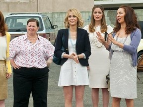 Left to right: Ellie Kemper, Melissa McCarthy, Kristen Wiig, Rose Byrne, Maya Rudolph and Wendi McLendon-Covey in the film Bridesmaids.