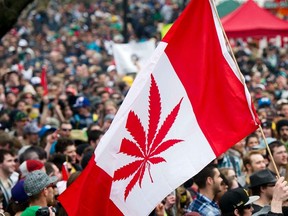A man holds up a flag resembling the Canadian flag with a marijuana leaf in the middle in Toronto May 7, 2011. REUTERS/Mark Blinch