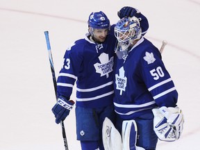 Leaf Nazem Kadri celebrates his goal and third-star status with goalie Jonas Gustavsson at the end of Leafs 4-1 win over Minnesota January 19, 2012. (Craig Robertson/Toronto Sun