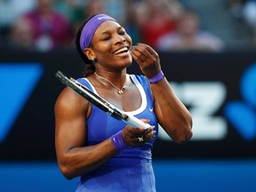 Serena Williams of the U.S. reacts during her women's singles match against Greta Arn of Hungary at the Australian Open tennis tournament in Melbourne January 21, 2012. (REUTERS/Tim Wimborne)