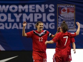 Canada's Christine Sinclair (L) celebrates her goal against Haiti with teammate Rhian Wilkinson during the first half of their CONCACAF Women's Olympic qualifying soccer game in Vancouver, British Columbia January 19, 2012.  REUTERS/Andy Clark