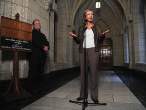 Interim NDP leader Nycole Turmel speaks to the media outside of party caucus at Parliament Hill in Ottawa Jan 24, 2012. (ANDRE FORGET/QMI AGENCY)