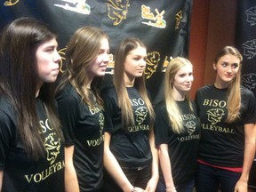 New Manitoba Bisons volleyball recruits (from left) Sarah Klassen, Katelyn Falk, Becka Kohler, Caleigh Dobie and Taylor Pischke gather at a press conference on Tuesday.