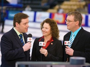 Now that CBC Sports is not broadcasting curling, (L to R) Bruce Rainnie, Joan McCusker and Mike Harris are out of a gig. (Anil Mungal/Capital One)