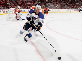 Alex Steen of the St. Louis Blues controls the puck against the Philadelphia Flyers on Oct. 22, 2011 at Wells Fargo Center in Philadelphia, where the Blues defeated the Flyers 4-2. Steen has been out with a concussion for the last month. (JIM MCISAAC/AFP-GETTY IMAGES)
