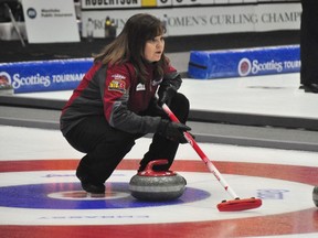 Fort Rouge's Barb Spencer calls for a shot at the Scotties Tournament of Hearts presented by Monsanto at the PCU Centre in Portage la Prairie, Man. on Thursday, Jan. 26, 2012.