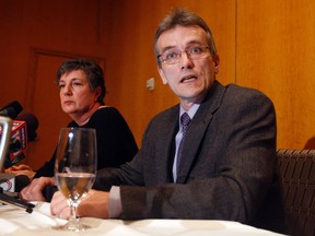 Mark Ferguson, president of the Toronto Civic Employees Union (TCEU), CUPE Local 416, and Maureen O'Reilly, president of the Toronto Public Library Workers' Union (TPLWU), CUPE Local 4948, speak to the media about their respective collective bargaining efforts with the City of Toronto at the Sheraton Centre in Toronto Friday. (DAVE ABEL/Toronto Sun)