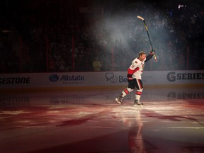 Senators captain Daniel Alfredsson is cheered as he hit the ice for Saturday's all-star skill competition at Scotiabank Place. (Tony Caldwell, Ottawa Sun)