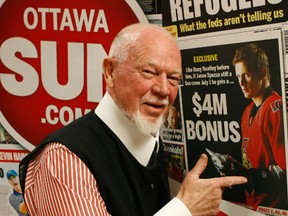 Don Cherry pays a visit to the Ottawa Sun office Saturday night. (Doug Hempstead/Ottawa Sun)