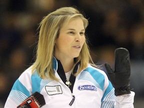 St. Vital skip Jennifer Jones reacts to a shot during action against Morden skip Chelsea Carey's team at the final of the Scotties Tournament of Hearts women's provincial curling championship at the PCU Centre in Portage la Prairie on Sun., Jan. 29, 2012.
JASON HALSTEAD/WINNIPEG SUN QMI AGENCY