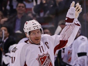 Daniel Alfredsson celebrates his first of two goals in Sunday’s all-star game at Scotiabank Place. (Tony Caldwell, Ottawa Sun)