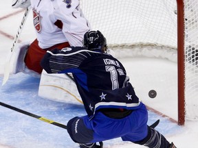 Jarome Iginla scores on Brian Elliott at the all-star game Sunday at Scotiabank Place. (Errol McGihon/Ottawa Sun)