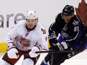 Milan Michalek is chased by Marian Hossa during the NHL All-Star Game at Scotiabank Place on Sunday. Hossa, mistaken for another No. 81 — the Leafs' Phil Kessel — was booed in the arena where he was once a fan favourite. (DARREN BROWN/OTTAWA SUN)