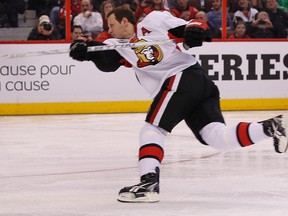 Jason Spezza has a blast during the hardest-shot competition on all-star weekend (TONY CALDWELL/OTTAWA SUN)