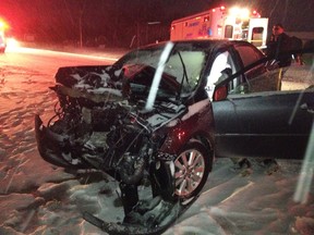 A Selkirk woman's Toyota sedan lay crumpled by the side of the road around 6 p.m. Jan. 30, 2012 after a head-on crash with a Chevy pickup. She'd been driving southbound on Highway 9 near the junction of Highway 4 in Selkirk. (HANDOUT)