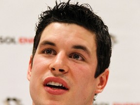 Penguins forward Sidney Crosby speaks to the media at the Consol Energy Center in Pittsburgh, Penn., Jan. 31, 2012. (JASON COHN/Reuters)