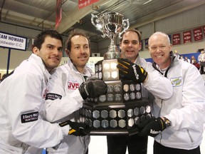 Lead Craig Savill, second Brent Laing, third Richard Hart and skip Glenn Howard hold up the trophy after winning last year's Tankard in Grimsby. (FILE PHOTO)