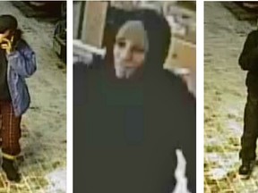 Ottawa police have released pictures of two suspects and a woman they would like to find and speak to, after an armed robbery at a South Ottawa pharmacy robbery. (Ottawa Police photos)