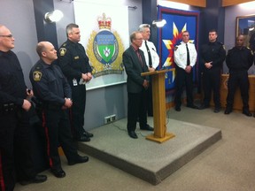 Winnipeg Mayor Sam Katz and police Chief Keith McCaskill announce the launch of the downtown foot patrols. (JAMES TURNER/Winnipeg Sun)