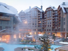 Steam rises from the outdoor swimming pool at the Four Seasons Whistler. Heated year-round, it’s a steamy oasis — even the pool deck is heated! (Courtesy JOHN SUTTON/Four Seasons Resort Whistler)