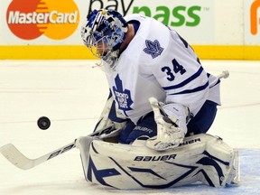 Toronto Maple Leafs goalie James Reimer makes a save against the Pittsburgh Penguins during the first period in Toronto February 1, 2012. REUTERS/Mike Cassese