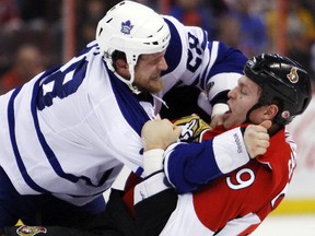 Matt Carkner says he'll miss duking it out with Colton Orr. (Darren Brown/Ottawa Sun file photo)