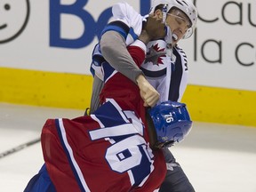 Winnipeg’s Blake Wheeler dukes it out with Habs’ trash-talker extraordinaire P.K. Subban in the second period of Sunday’s 3-0 Montreal win. It was Wheeler’s first fight in almost two years. (PIERRE-PAUL POULIN/QMI AGENCY)