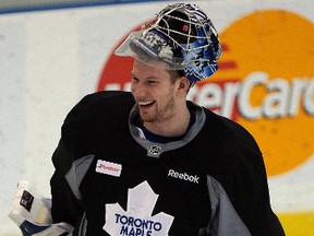 James Reimer jokes around during Leafs practice at the Mastercard Centre in Toronto February 5, 2012. (Dave Abel/Toronto Sun)