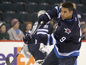 Winnipeg Jets left winger Evander Kane fires a shot prior to playing the San Jose Sharks in NHL hockey in Winnipeg Thursday, January 12, 2012. (BRIAN DONOGH/QMI AGENCY)