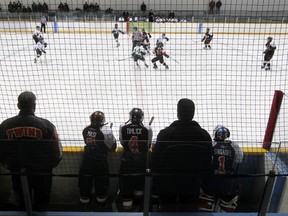 The visitors' bench at a AA peewee boys hockey game between the Stars and Twins at the Pioneer Arena in Winnipeg on Thursday, Feb. 2, 2012. (Brian Donogh, Winnipeg Sun files)