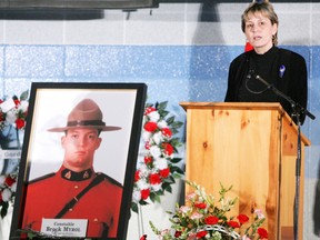 Colleen Myrol, mother of slain RCMP Const. Brock Myrol (pictured at left), speaks during a memorial service in Mayerthorpe, Alta., on Tuesday March 15, 2005 for the RCMP officers who were killed just weeks earlier.