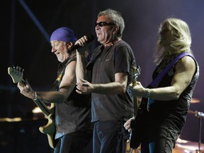 Bass player Roger Glover (L), singer Ian Gillan (C) and guitarist Steve Morse of rock band Deep Purple perform in Valencia July 18, 2010. REUTERS/Heino Kalis