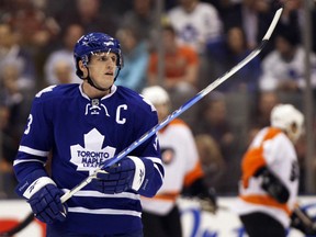 Toronto Maple Leafs defenceman Dion Phaneuf skates to the bench during the game against the Philadelphia Flyers in Toronto December 9, 2010. REUTERS/Mike Cassese