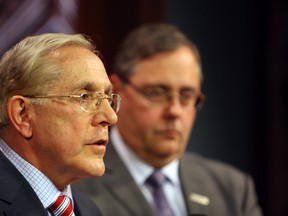 Transportation Minister Bob Chiarelli, left, and Bruce McCuaig, President and CEO of Metrolinx held a press conference at Queen’s Park Thursday to discuss Toronto City Council’s tranisit decision. (VERONICA HENRI/Toronto Sun)