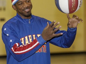 Anthony "Buckets" Blake of the Harlem Globetrotters speaks to kids at the Boys and Girls Club of Calgary in the city's northeast on February 10, 2012. Blake was in town promoting the Globetrotters' show at the Scotiabank Saddledome on Feb. 15.  (LYLE ASPINALL/CALGARY SUN)