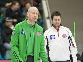 Skip Kevin Koe intently watches his shot as Brock Virtue looks on during the A-B game at the BP Cup in Camrose Saturday.