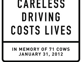 PETA has sent a letter to Manitoba's transportation department requesting permission to place a roadside memorial sign in honour of the 71 cows who died on January 31, 2012, when a cattle truck and a train collided on Highway 5 north of Carberry (100 miles west of Winnipeg). Some of the animals who survived the crash were euthanized afterward because of their injuries. (HANDOUT)