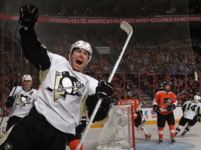 Pittsburgh Penguins James Neal celebrates his 30th goal of the season against the Philadelphia Flyers at the Wells Fargo Center Feb. 18, 2012 in Philadelphia. The Penguins defeated the Flyers 6-4. (Bruce Bennett/Getty Images/AFP)