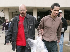 Michael Briscoe (right) leaves the Edmonton Remand Centre with his brother Darren Briscoe in March 2007 after he was found not guilty in Nina Courtepatte's murder.        Edmonton Sun Photo by David Bloom