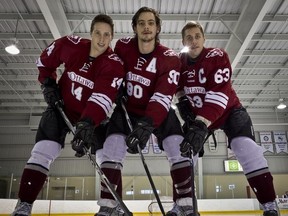 Stephen Blunden (left), Luc Olivier Blain (centre) and Matthieu Methot are three of the Gee-Gees' mainstays. (Errol McGihon/Ottawa Sun)