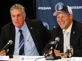 Argos GM Jim Barker (right) and head coach Scott Milanovich continue to work on the makeover of their team in preparation for training camp. (TORONTO SUN)