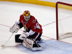 Ottawa Senator Alex Auld let a second goal in the net during first period action against the Bruins at Scotiabank Place Saturday night. (Tony Caldwell/Ottawa Sun)