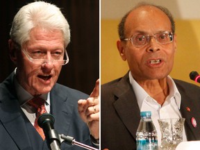 Former U.S. President Bill Clinton and Tunisia's President Moncef Marzouki are both nominated for the Nobel Peace Prize. REUTERS/Ismail Zitouny and Fredy Builes