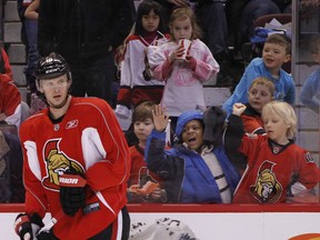 Ottawa Senator Jason Spezza during practice at Scotiabank Place as thousands of kids were on hand for the "Faceoff Fieldtrip", a program whereby Sens@School registered classes are invited to attend a team practice and learn about the science of hockey. Thursday March 1,2012. 
(ERROL MCGIHON/THE OTTAWA SUN)