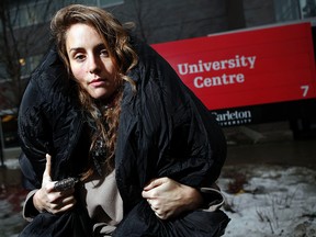 Kristina Partsinevelos, Central Canada Coordinator for  5 Days for the Homeless, poses with a sleeping bag in front of Carleton University's University Centre March 8, 2012. Partsinevelos will be among other taking part in the five day live-in. (
DARREN BROWN/QMI AGENCY)