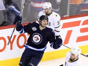 Fehr celebrates his second-period goal against the Dallas Stars during NHL action on Wednesday. (JASON Halstead/Winnipeg Sun files)